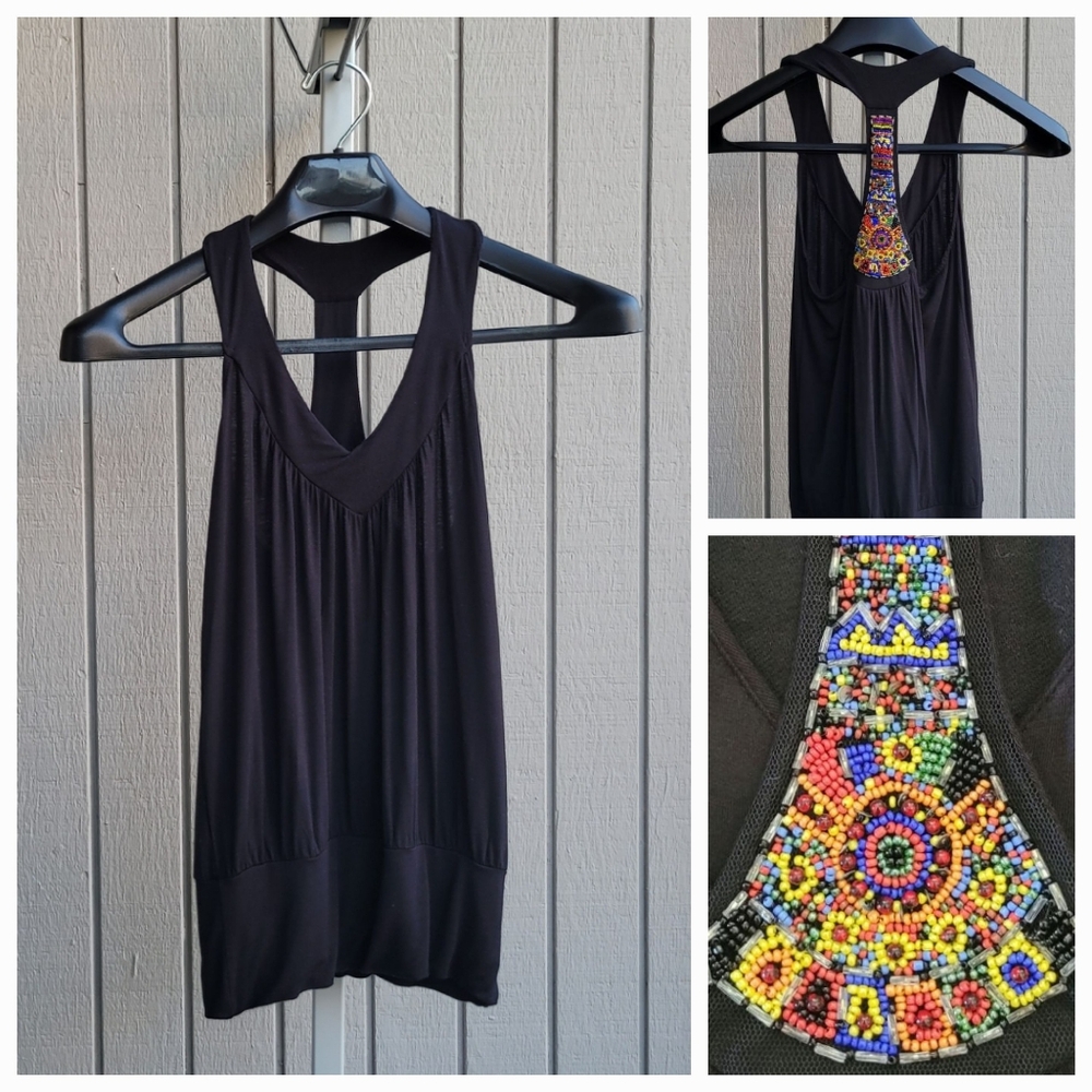 Colorful Beaded Detail Rayon Spandex Black Halter Top Small BP Nordstrom